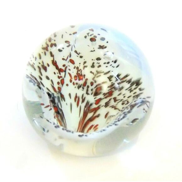 White Spotted Speckled Flower GLASS PAPERWEIGHT 3" Ball Flat Bottom Floral Decor - Picture 4 of 4